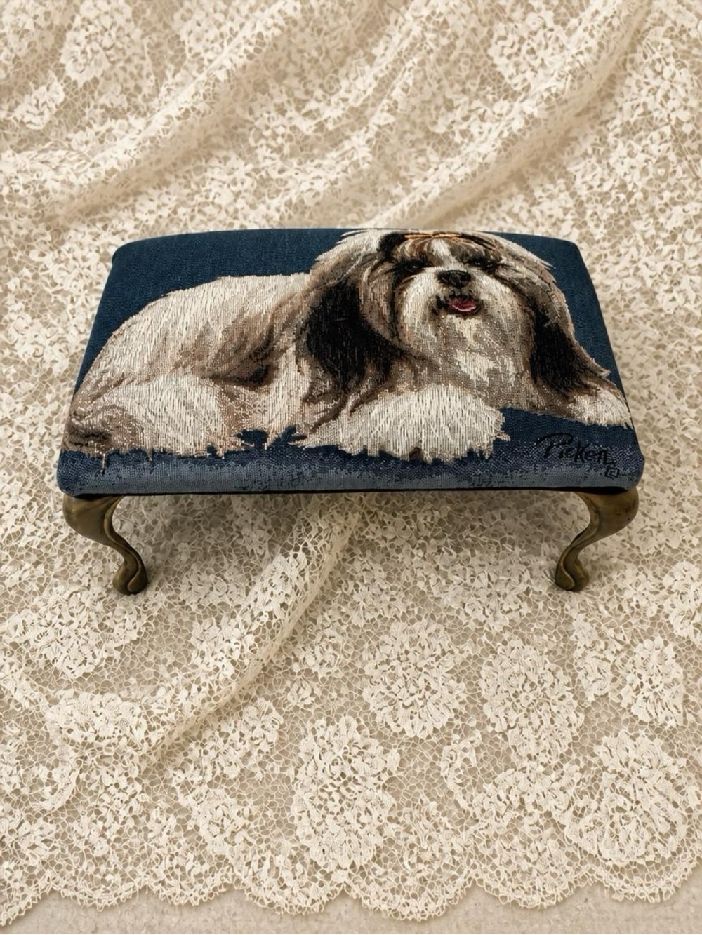 Linda Picken Vintage  Shih Tzu tapestry footstool